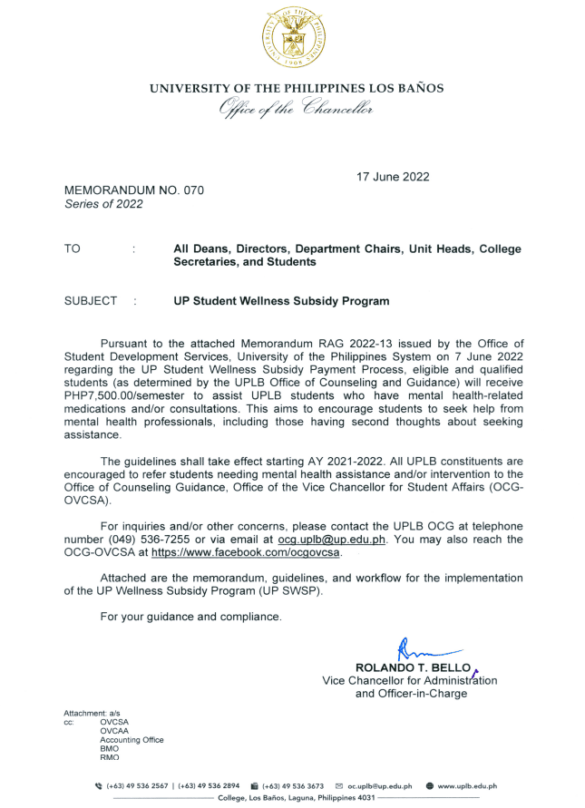 OC Memorandum No. 070 s.2022, UP Student Wellness Subsidy Program
